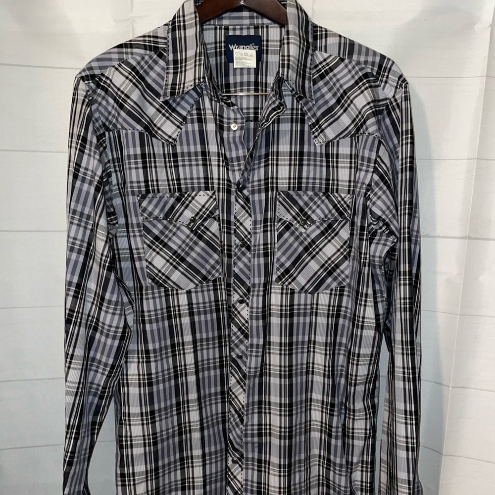 Wrangler Pearl Snap Flannel Shirt Wrancher Size Large Gray And Black.